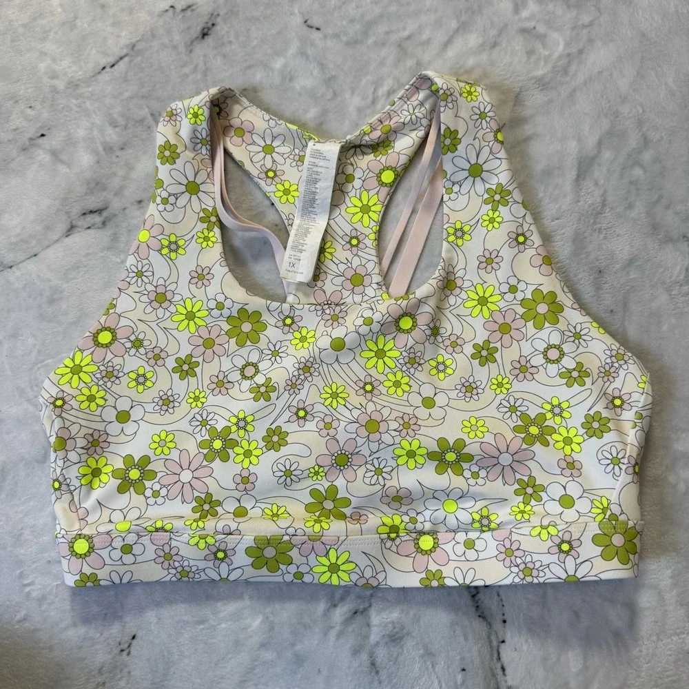 Fabletics Faye Sports Bra Womens Size 1X Green Floral Impact Strappy‎ Racerback